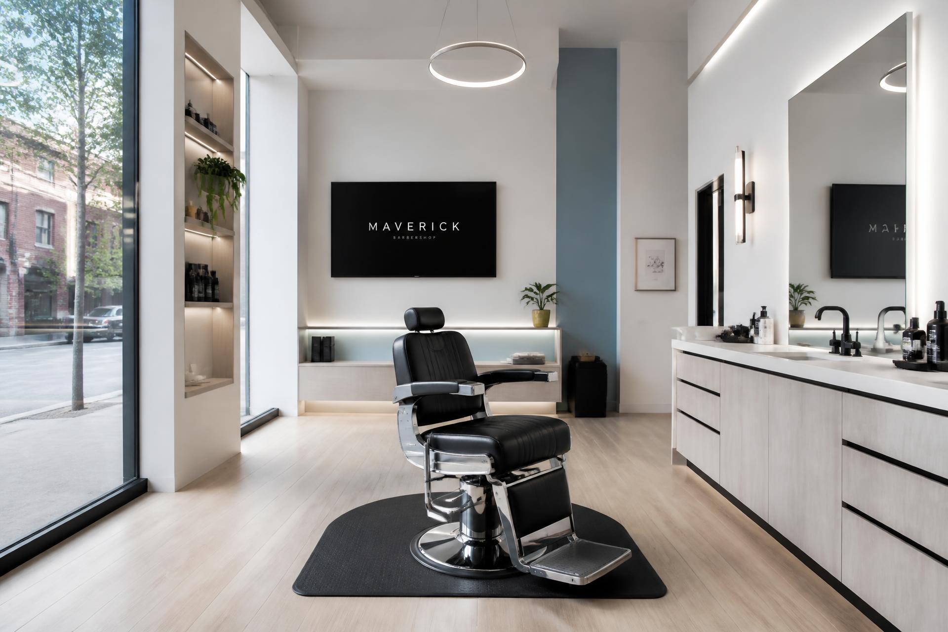 Bright modern barbershop interior with a single premium barber chair
